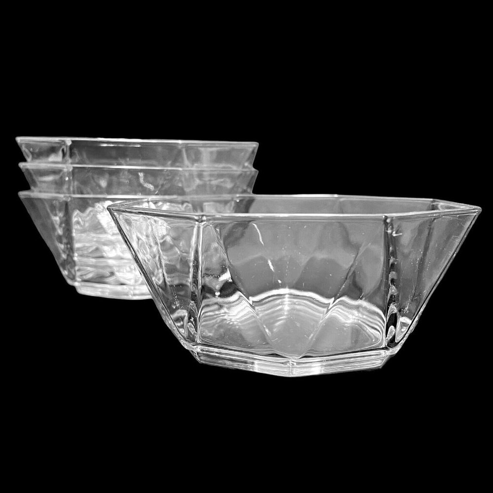 Vintage 1980s Arcoroc France Clear Pressed Glass Bowl Set of 4 Angled Octagon